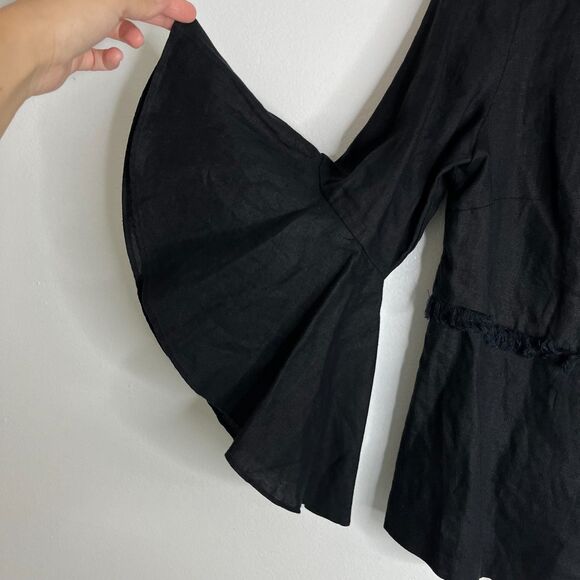 Chico's 100% Linen Black Bell Sleeve Open Jacket Fringe Trim Sz 0 US Sz S/4 NWT - Picture 6 of 10